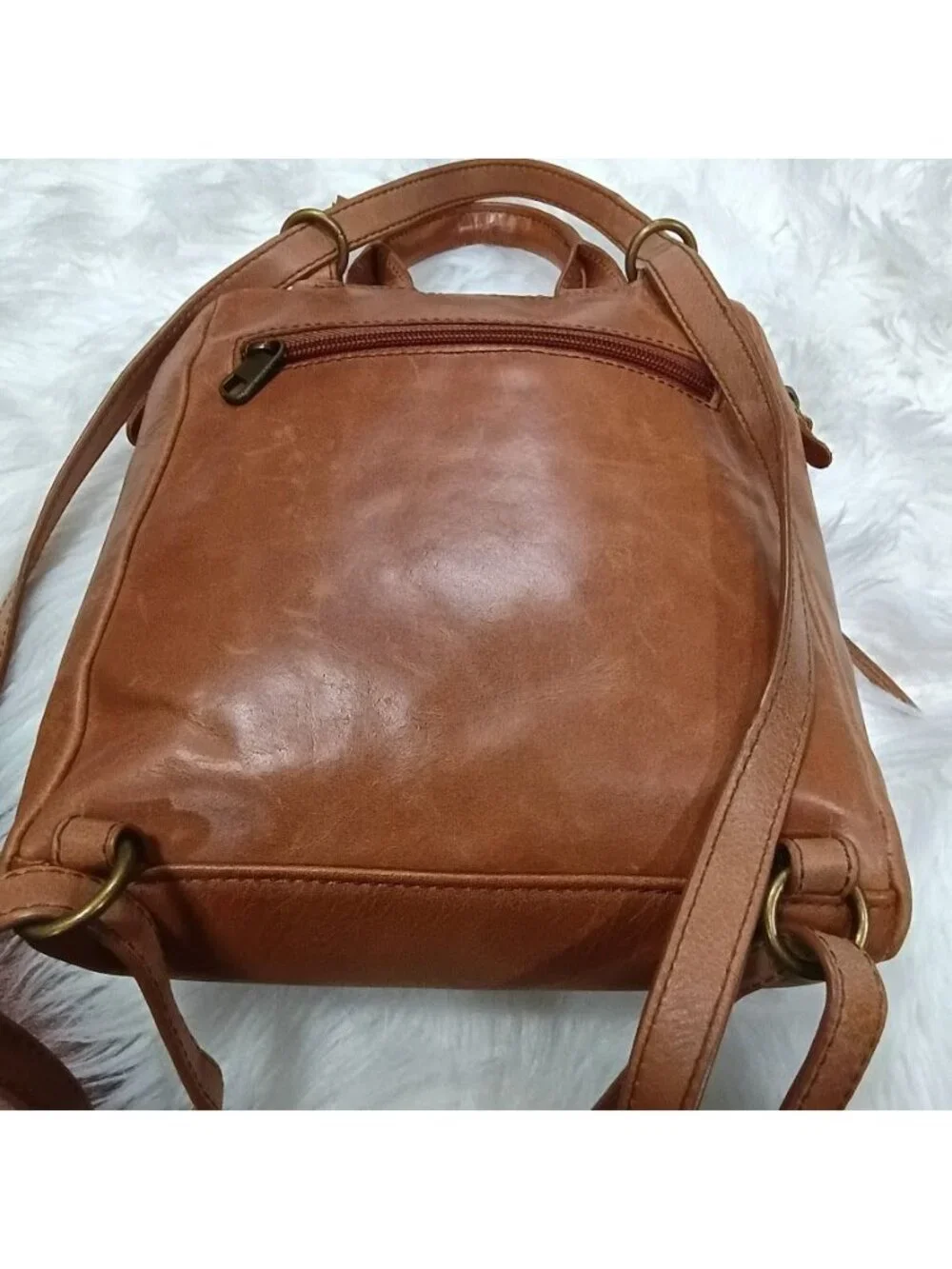 The Sak Brown Leather Embossed Convertible Backpack Purse Adjustable Straps